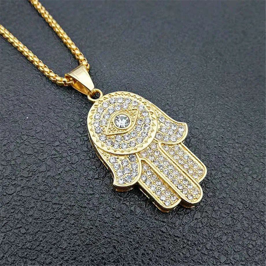 Turecki Evil Eye Hamsa Hand of Fatima naszyjnik złoty kolor stal nierdzewna Iced Out łańcuchy dla kobiet mężczyzn biżuteria Hip Hop