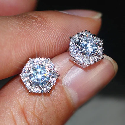 Luxury Female Crystal White Zircon Stud Earring Simple Silver Color Hexagon Earrings For Women