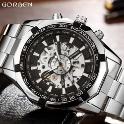 Men Skeleton Luxury Automatic Mechanical Watch  Stainless Steel Self-wind Wrist Watch Silver Gold Men Clock Relogio Masculino