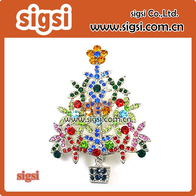 pretty bridal crystal brooch colorful Christmas tree with flower rhinestone brooch pin