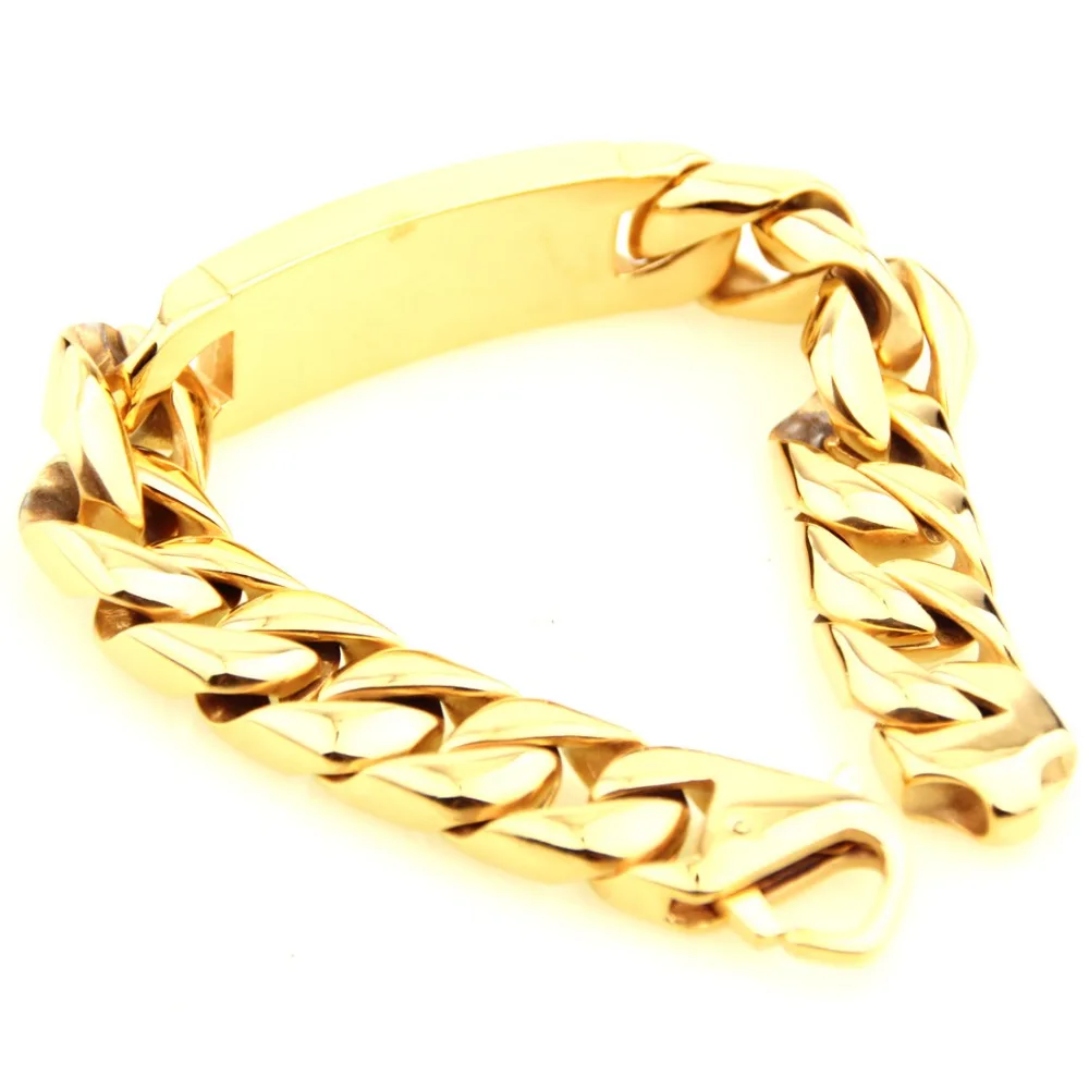 Birthday Gift New 316L Stainless Steel Gold Color Smooth ID Cuban Curb Miami Link Chain Mens Male Bracelet Wristband 8.66\