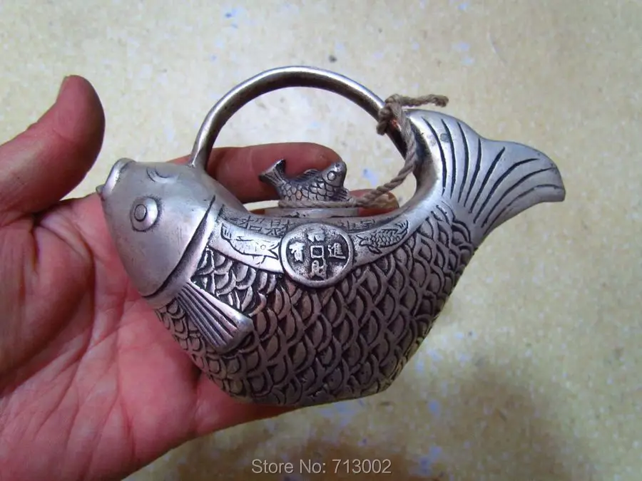 Vintage Tibetan Silver flagon Pot character Fish Shape Lucky Fengshui Stoup