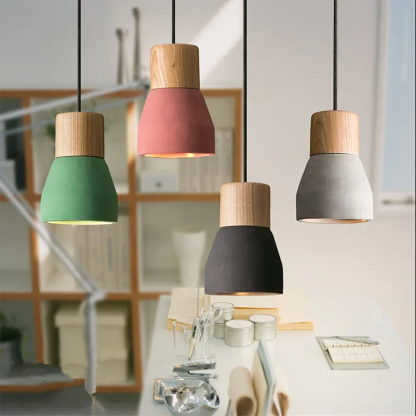 4 Colours Modern Concrete Pendant Light Fixtures Vintage Industrial Cement Hanging Light Fixtures with Wood Lamp Holder for Home