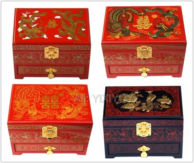 

Chinese 3 Layer Wood Storage Dragon Phoenix Jewelry Box with Mirror Wedding Bangle Jewellery Display Box Container Carrying Case