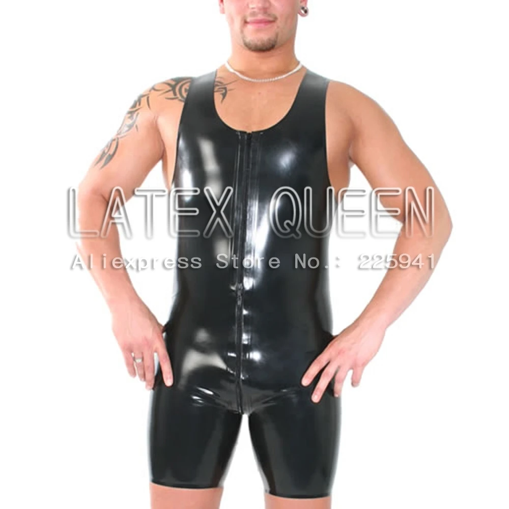 rubber skintight straitjacket tog costume Men 's swimsuit bodysuit front zip to waist