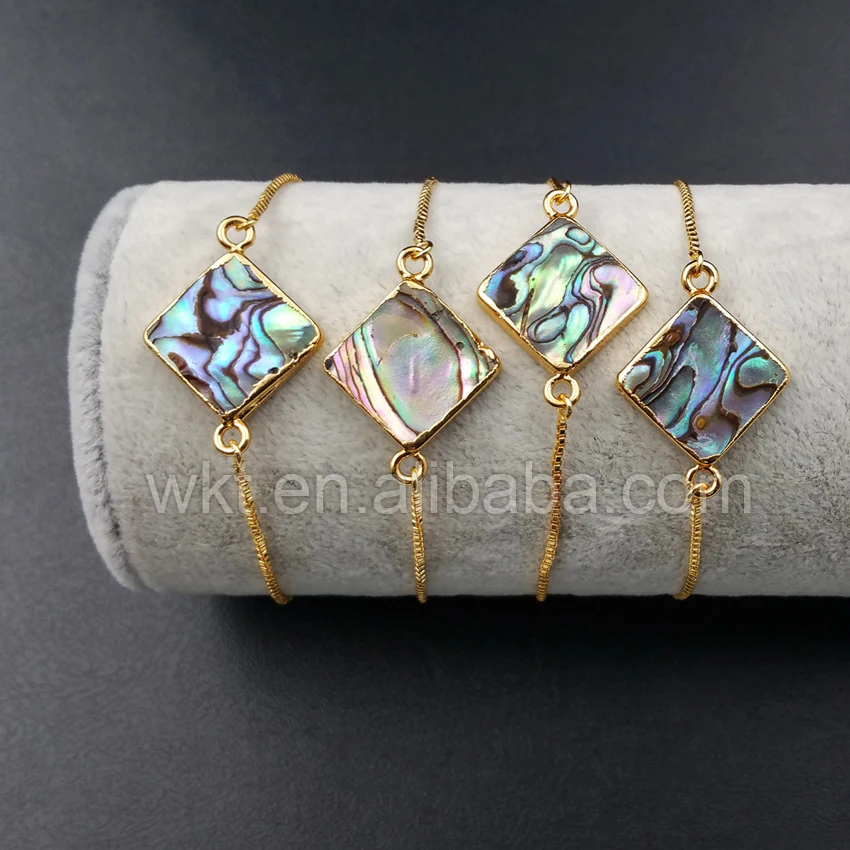 

WT-B342 Wholesale Custom Fashionable Design 24K Gold Trim Abalone Shell Connector Bracelets Square Pendant Bangle