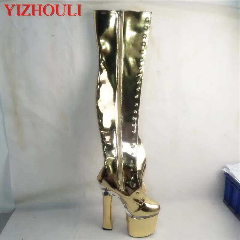 New women's knee boots, 18 cm square with sexy stage show, model performance a variety of colors can be customized