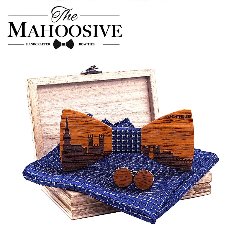 

Montpellier Wood France Skyline Wooden Bow ties Butterfly Gravata Skyline Ties For Men Cufflinks noeud papillon cravate for men