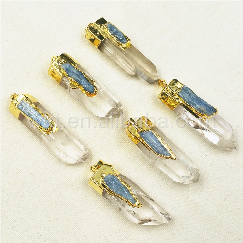 WT-P880 Newest Design Charm Crystal Quartz Gold Pendant Jewelry Natural crystal quartz with blue Kyanite Charm Pendant 10x40mm