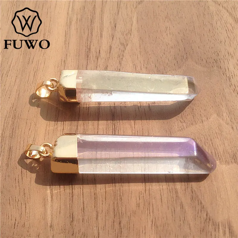 FUWO Wholesale Aura Crystal Quartz Point Pendant, Golden Plated Natural Semi-precious Stone Accessories For Jewelry Making PD074