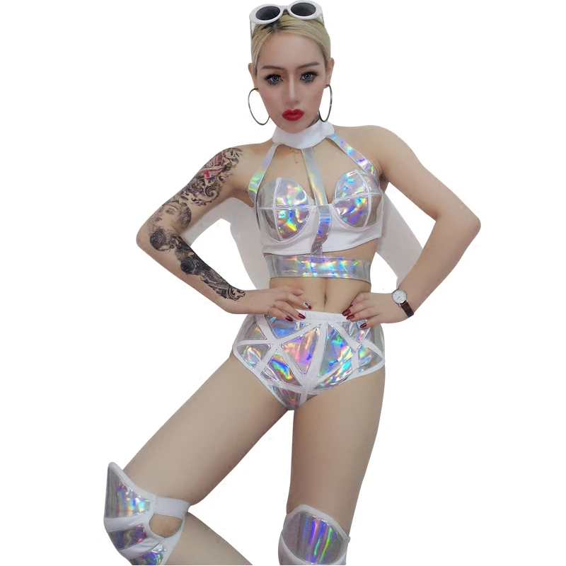 New Sexy Women Jazz Singer DJ Stage Costume Sexy Laser Bandage Female Dance Costume Hip-Hop Club Set Bar DS Performance Costumes