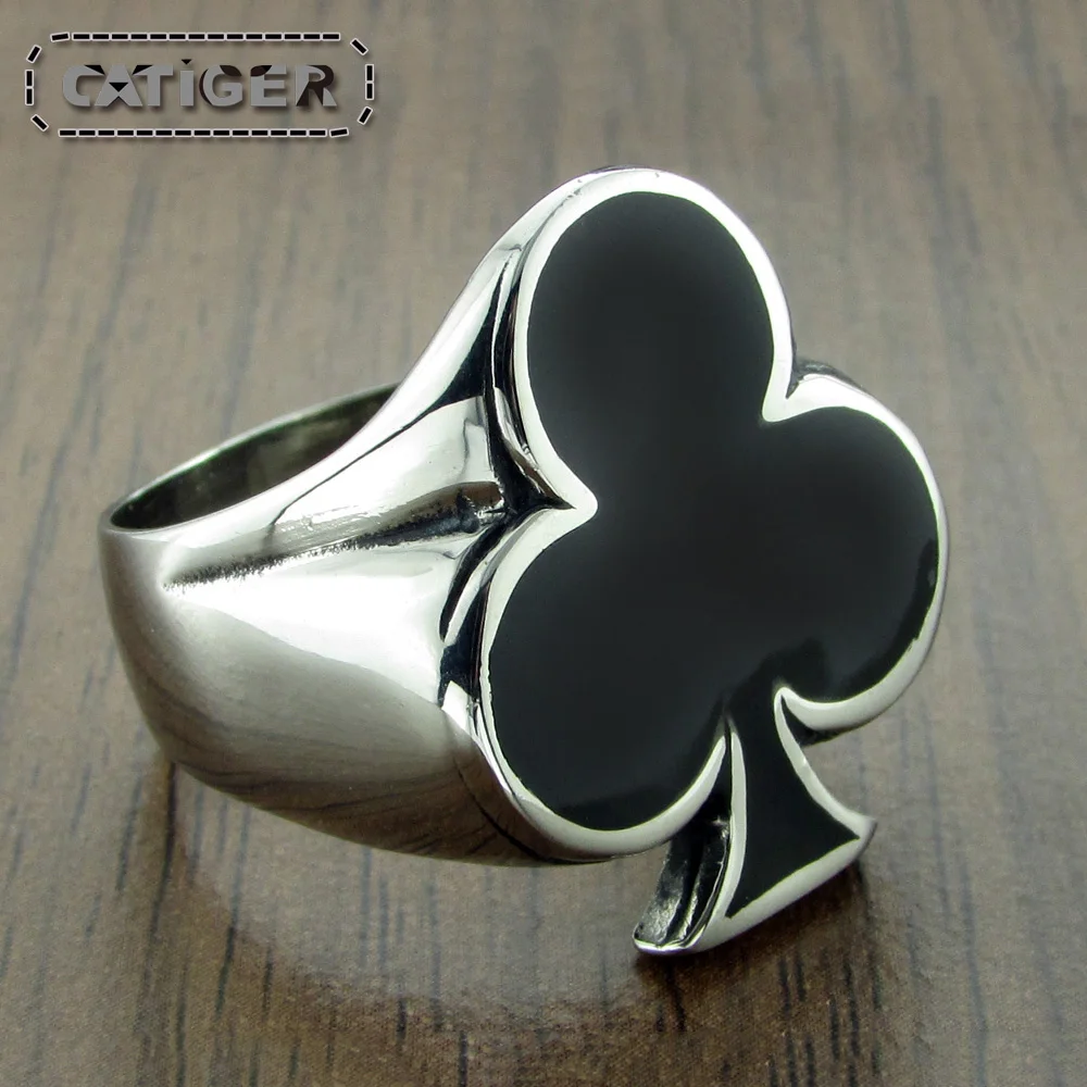 Punk 316L Stainless Steel Silver Color Black Enamel Playing Cards Poker Club Ring Jewelry