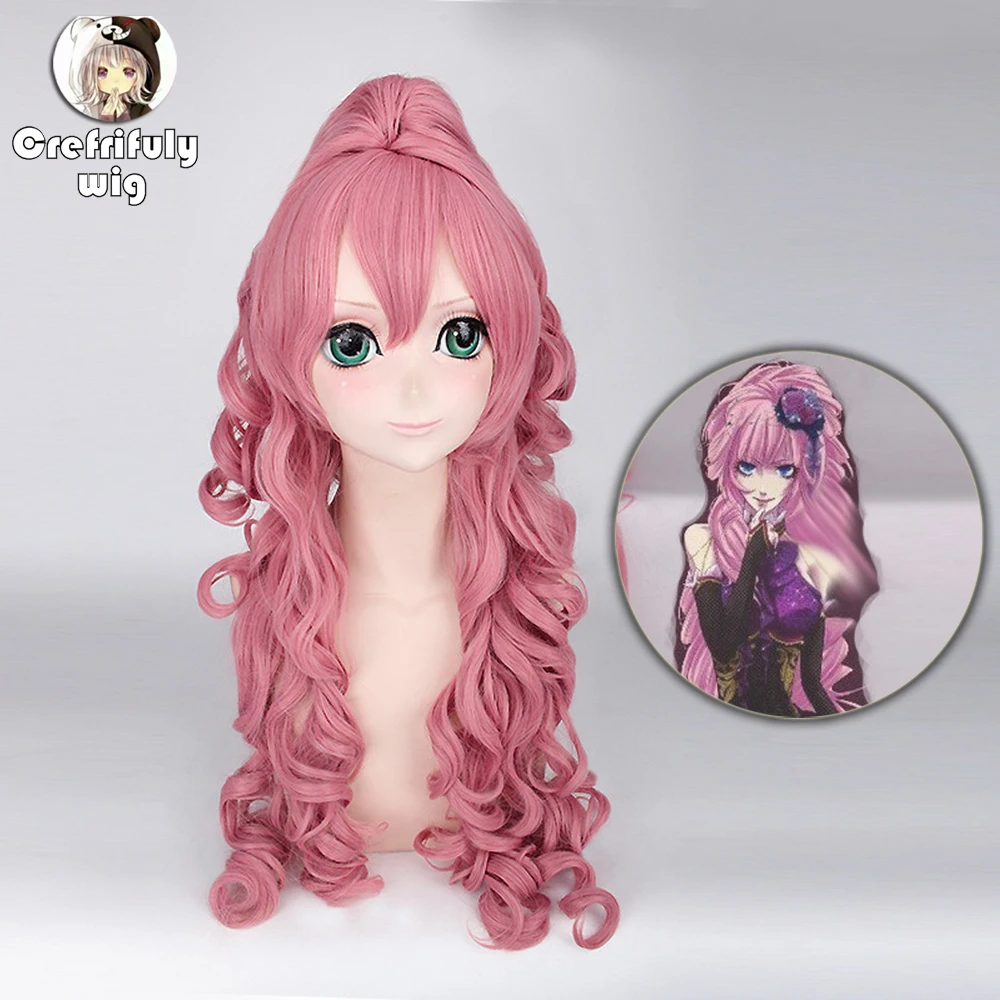 Anime Vocaloid RUKA-Peluca de cabello sintético para mujer, pelo largo rizado para disfraz de Cosplay, fiesta de Halloween, Rosa, con cola de caballo