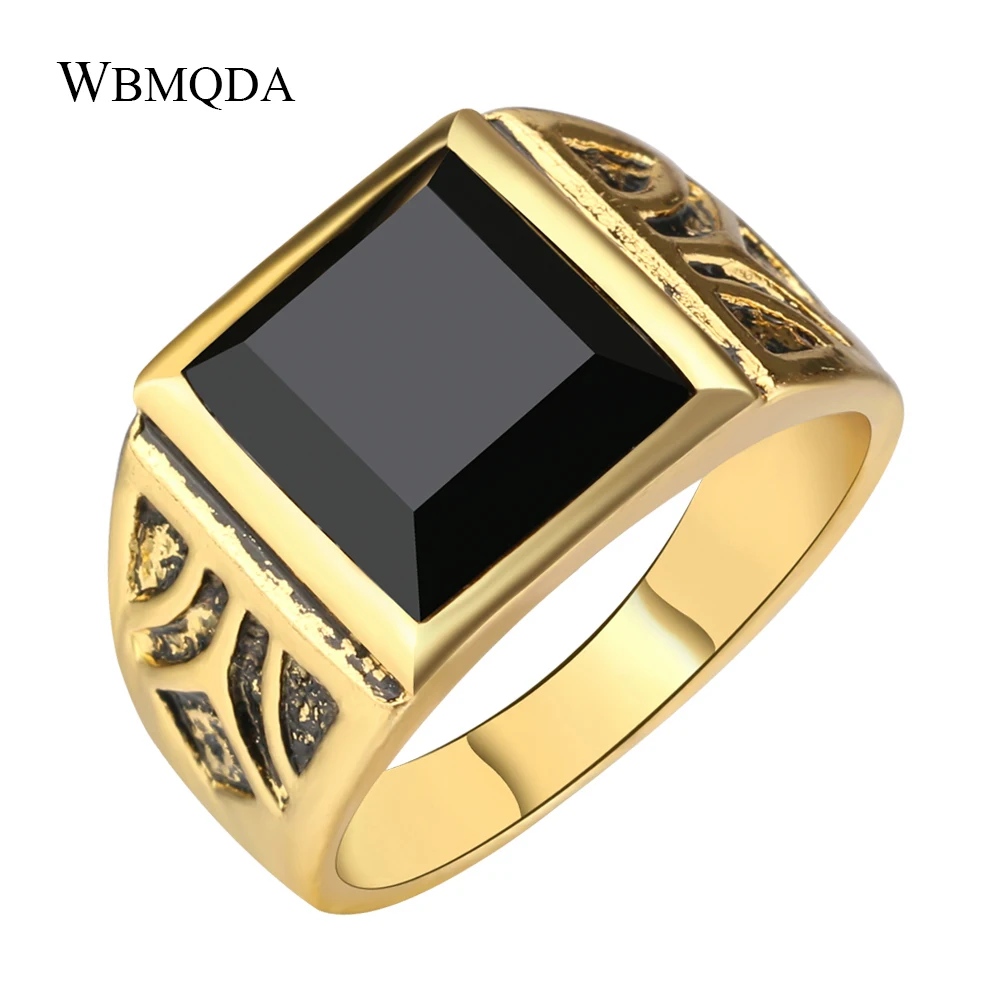 Vintage Square Black Stone Signet Ring Men Antique Gold Wedding Rings Indian Jewelry Male Accessories Gift