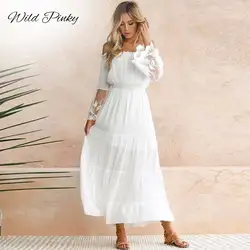 WildPinky Summer Sundress Women White Beach Dress Strapless Long Sleeve Loose Sexy Off Shoulder Lace Boho Chiffon Maxi Dress