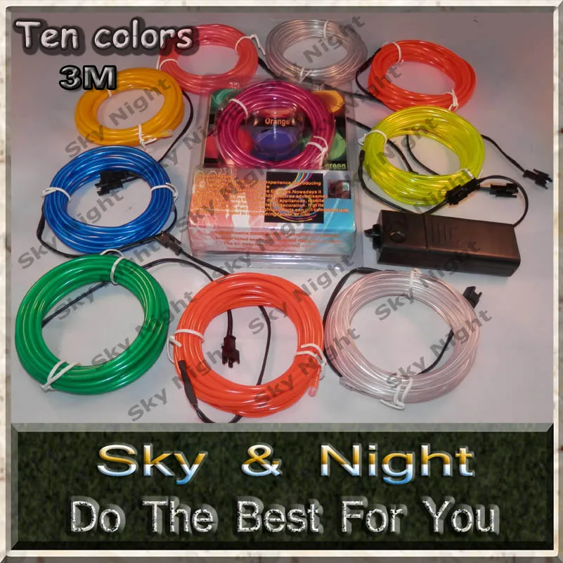 3set/pack 2017Hot  3M Flexible Neon Light Glow EL Wire Rope Car Party TEN Colors to Choose+Free shipping