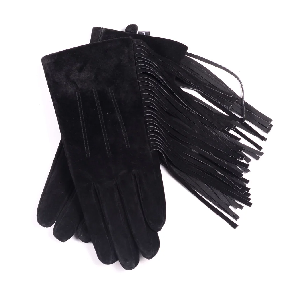 2023 Winter Lady Genuine Leather Pigskin Suede Tassel Short Gloves Women Mujer Nubuck Warm Velvet Punk Show Purple Classic Luvas