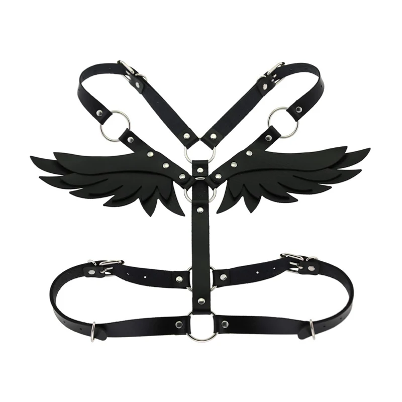 

Gothic Punk Leather Body Harness Belt Angel Wings Harness women Black Ladies Belt Cage Belts Waist To Leg Bondage Waist Belt