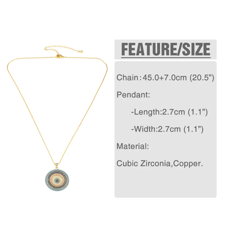 OCESRIO Turkish Round Evil Eye Pendant Necklace Woman Micro Pave CZ Zircon Gold Long Chain Necklace Silver Color nke-n89