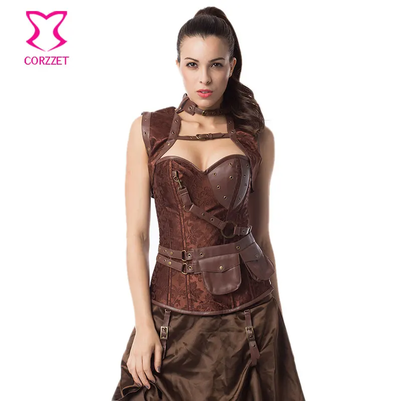 Vintage Brown Steel Boned Waist Slimming Corsets And Bustiers Gothic Corset Steampunk Clothing Women Plus Size Burlesque Costume