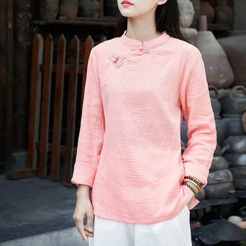 Traditional Chinese shirt long sleeve mandarin collar blouses female zen clothing white cotton linen blouse Q803