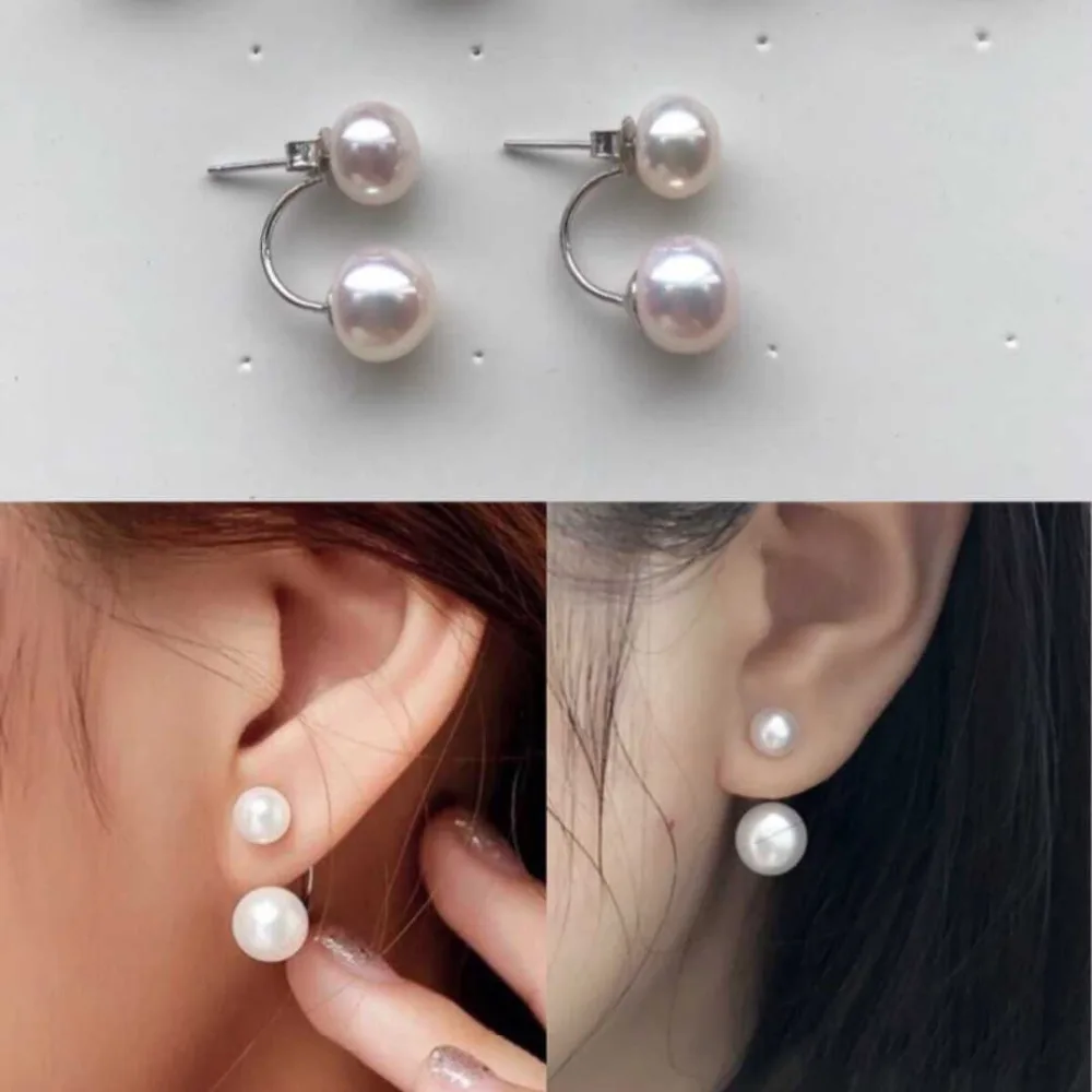 New Arrival Pure 925 Sterling Silver SilverDouble Natural Round Pearl Beads Stud Earrings For Woman Wedding Fine Jewelry Gift