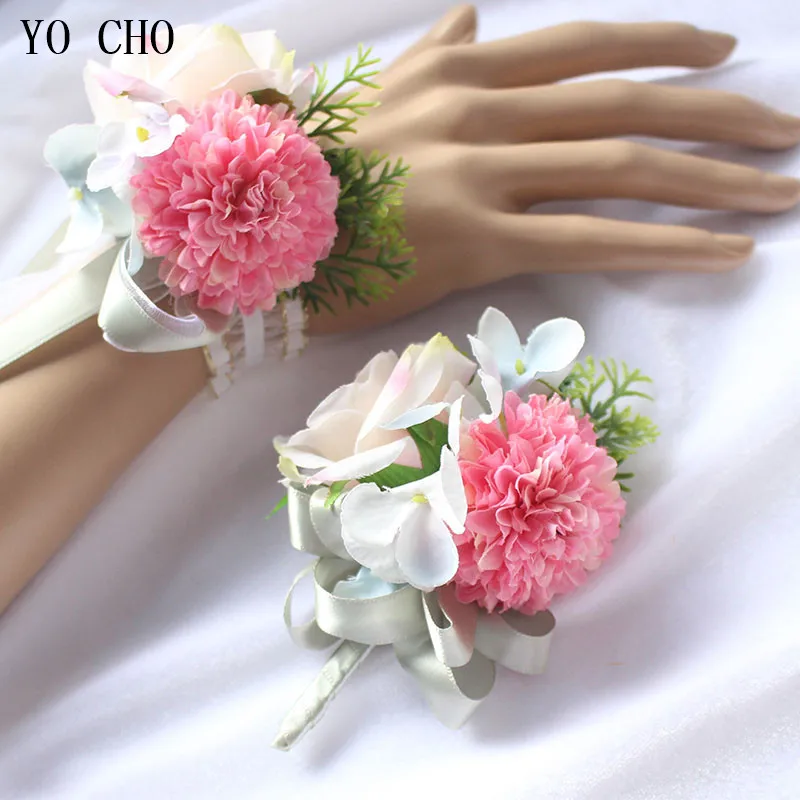 YO CHO Hydrangea Wedding Bouquet Brides Boutonnieres Silk Corsages Wrist Flower Yellow Hand Flores for Bridesmaid Decor Rose Pin