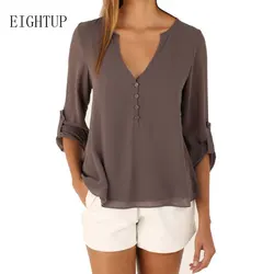 Women Solid Blouse Tops V-neck Vintage Spring Autumn Shirt Clothing Casual Roll Up Sleeve Chiffon Blouse Blusas Blusa