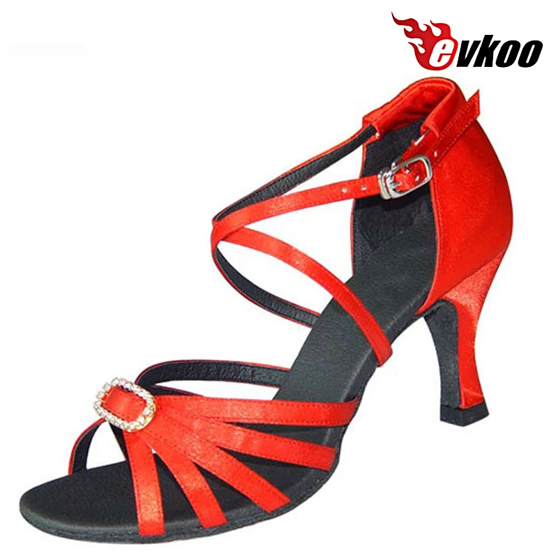 

Evkoodance Black Red Tan Khaki Woman Salsa Shoes 7cm Heel High Satin With Crystal Buckle Latin Dance Shoes Evkoo-151