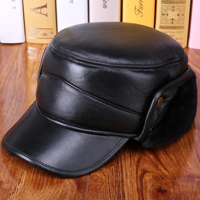 

2018 New Men Earmuffs Genuine Leather Faux Fur Baseball Caps Thicken Warmer Winter Male Flat Hats Real Cowhide Gorras B-7268