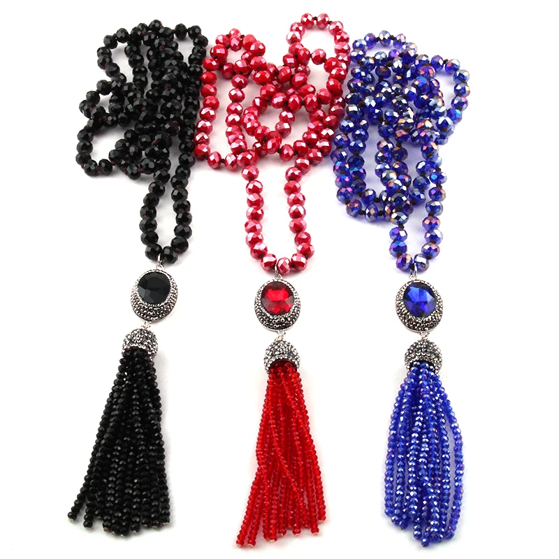 Fashion Bohemian Jewelry Glass Knotted Crystal Handmake Paved Link Tassel Necklace For Women Ethnic Necklace