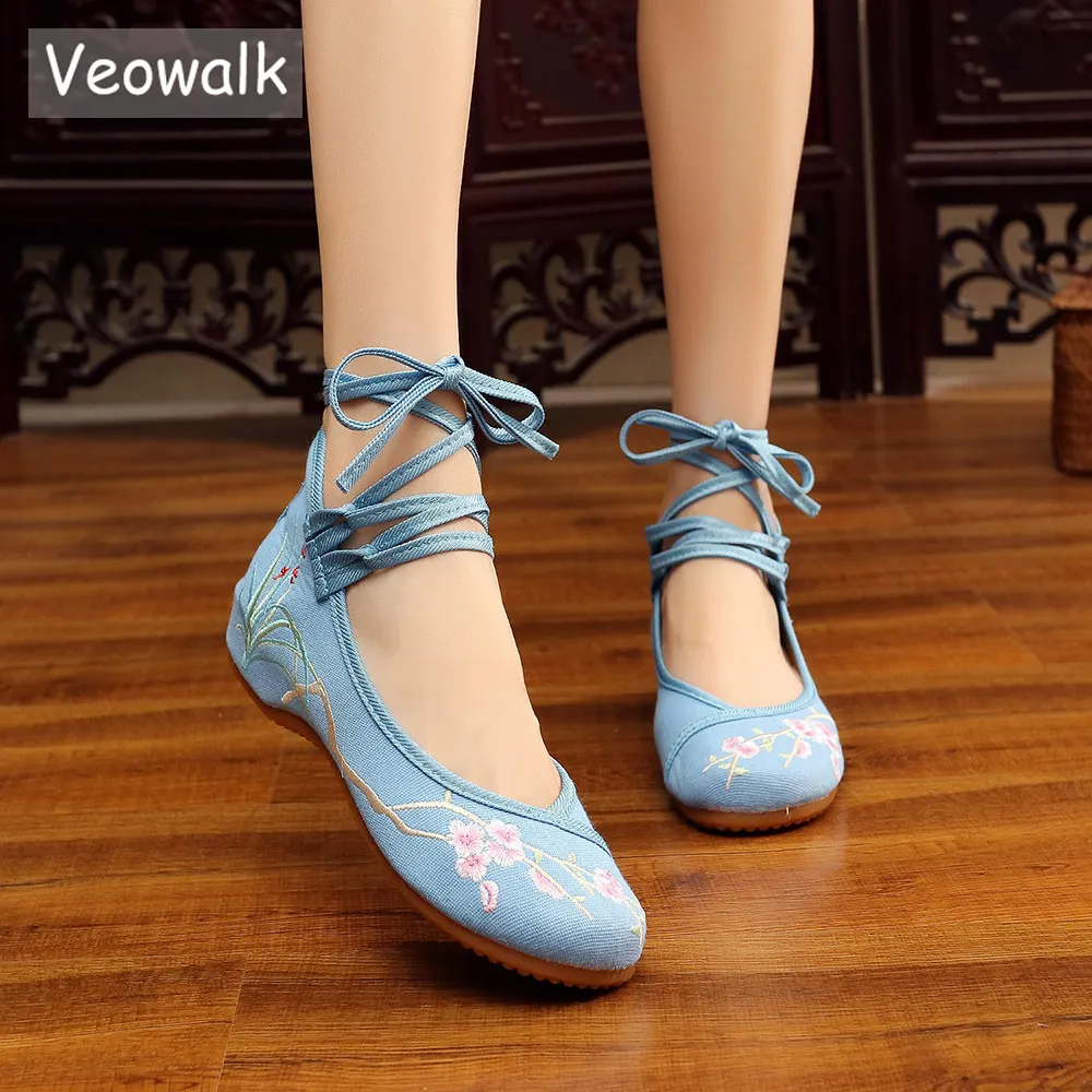 Veowalk Ankle Strap Women Chinese Embroidered Canvas Ballet Flats Comfortable Ladies Casual Cotton Embroidery Ballerina Shoes