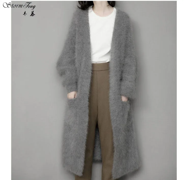 New Women Winter mink cashmere cardigan coat female thick sweater V neck knit loose long free shipping I1797