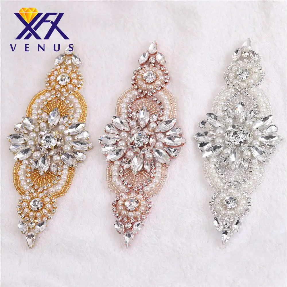 

XINFANGXIU Wholesale Iron on bridal sash rhinestone applique trims Sew on pretty shiny crystal trims for wedding dress