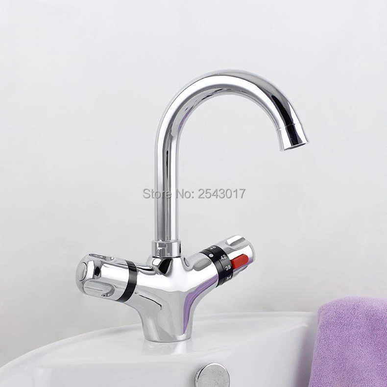 GIZERO Thermostatic Swivel Faucet Small Spout Temperature Control Deck Mounted Vessel Sink Tap Bathroom Crane ZR982