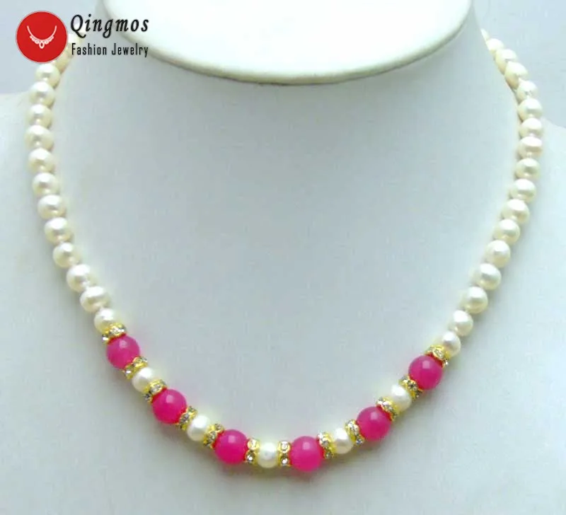 

Qingmos Trendy Natural Pearl Chokers Women Necklace with 8mm Rose Pink Jades & 6-7mm White Pearl Necklace 17" Fine Jewelry-5835