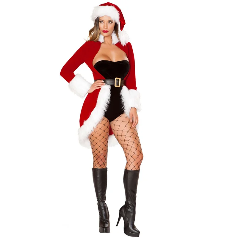 Christmas Dresses Women Clothes Sexy Santa Claus Xmas Cosplay Costume Red Velvet Coat Jumpsuit Belt Hat Christmas Set