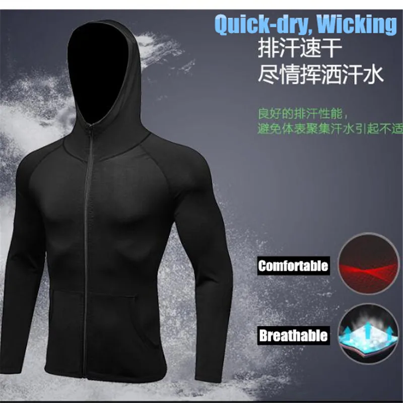 ผู้ชาย Shapers ออกกำลังกาย Slim Hooded Sweatshirt 3D ยืดหยุ่นรวดเร็วแห้ง Wicking กีฬาแขนยาว Windproof เสื้อกันหนาว