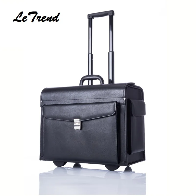 

Letrend 100% cow Leather Luxury Business Trolley Suitcase Pilot Captain Rolling Luggage Mens Fashion 17 Inch Travel Case Women