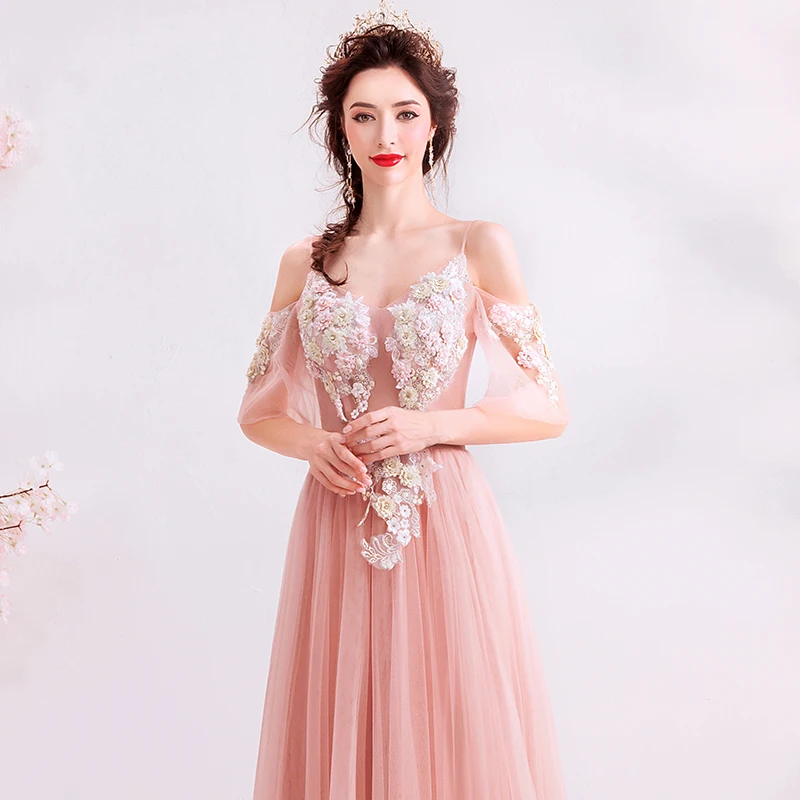 Robe De bal longue et féerique, rose clair, avec des Appliques De perles, manches courtes, Transparent, nouvelle collection 2019