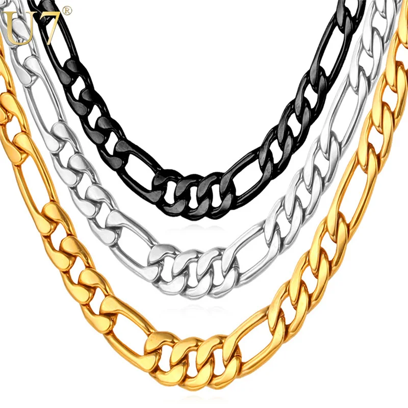 U7 Mens 5mm Figaro Chain Necklace Black Gold Color Stainless Steel Jewelry Daily Acessory QC24