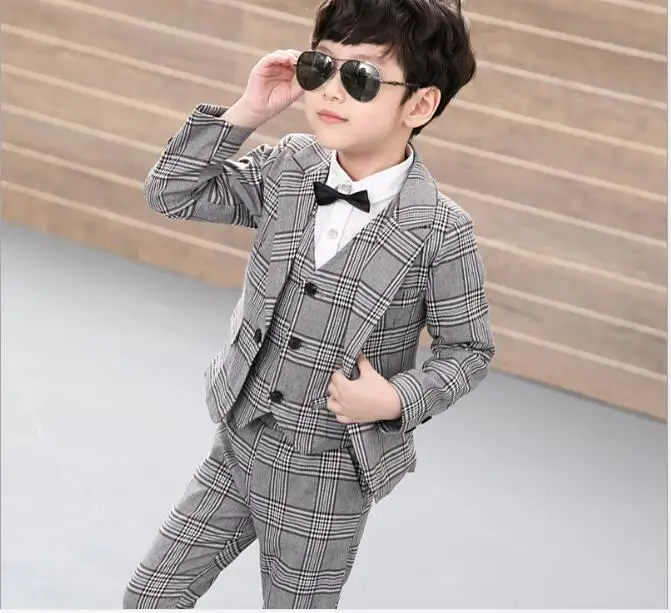 Autumn classic Boy Spring/summer Suit Three-piece Set Boy Plaid suit Jacket British Vest+coat+Pants Children's 3 piece suit 3-12