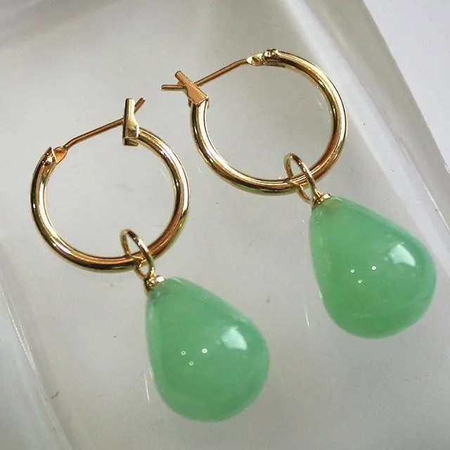 

NEW simplest Jewelry golden metal+water drop light green 12*16mm Jades bread Earings