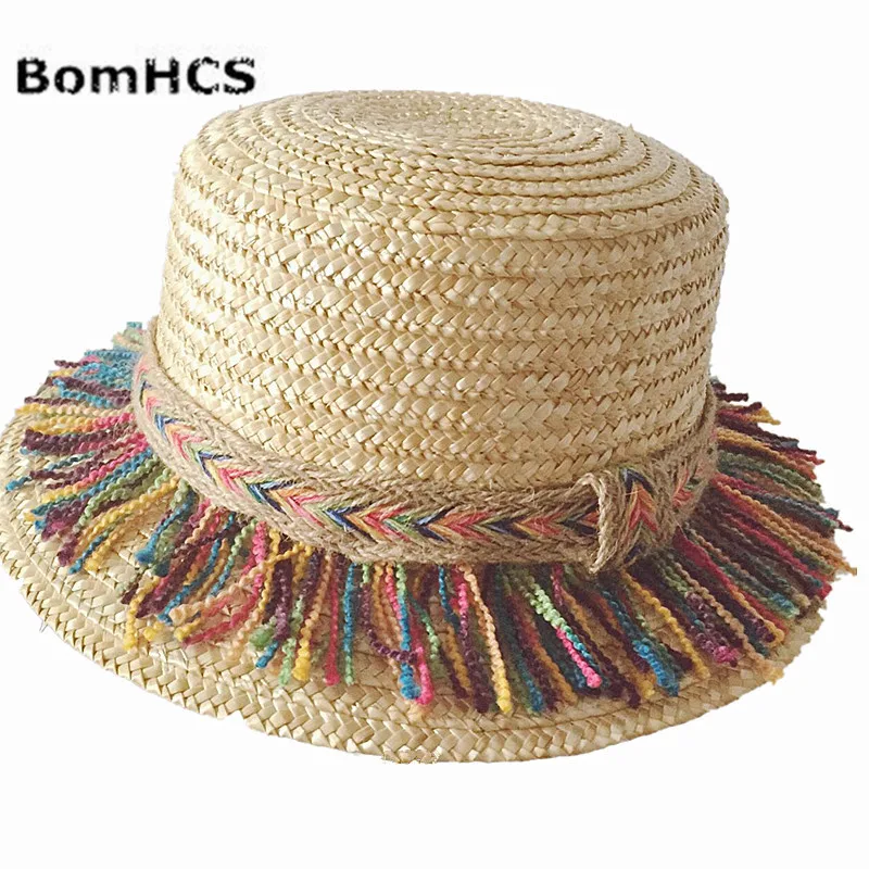 BomHCS 1PC Parent - Child Straw Hat Rainbow Tassels Rope Wide Brim Travel Sun Hats Children Caps Women 17F-315MZ26