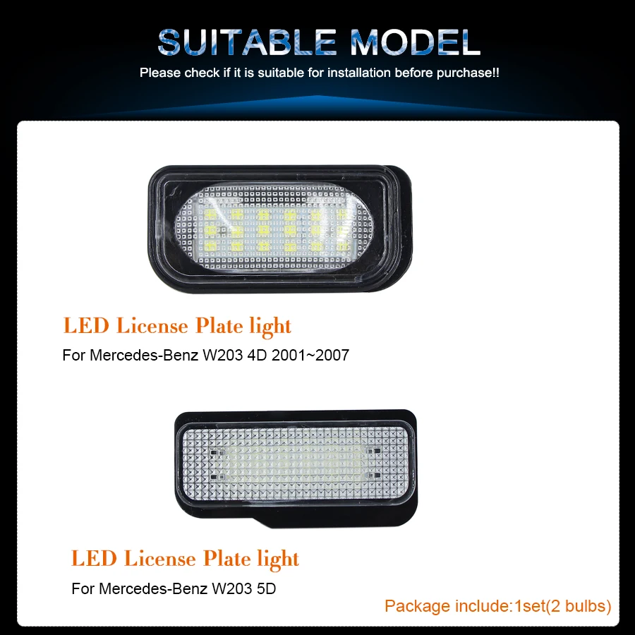 2Pcs CanBus Error Free License Plate LED Light For Mercedes-Benz W203 5D 4D Door Number lamp white 12V