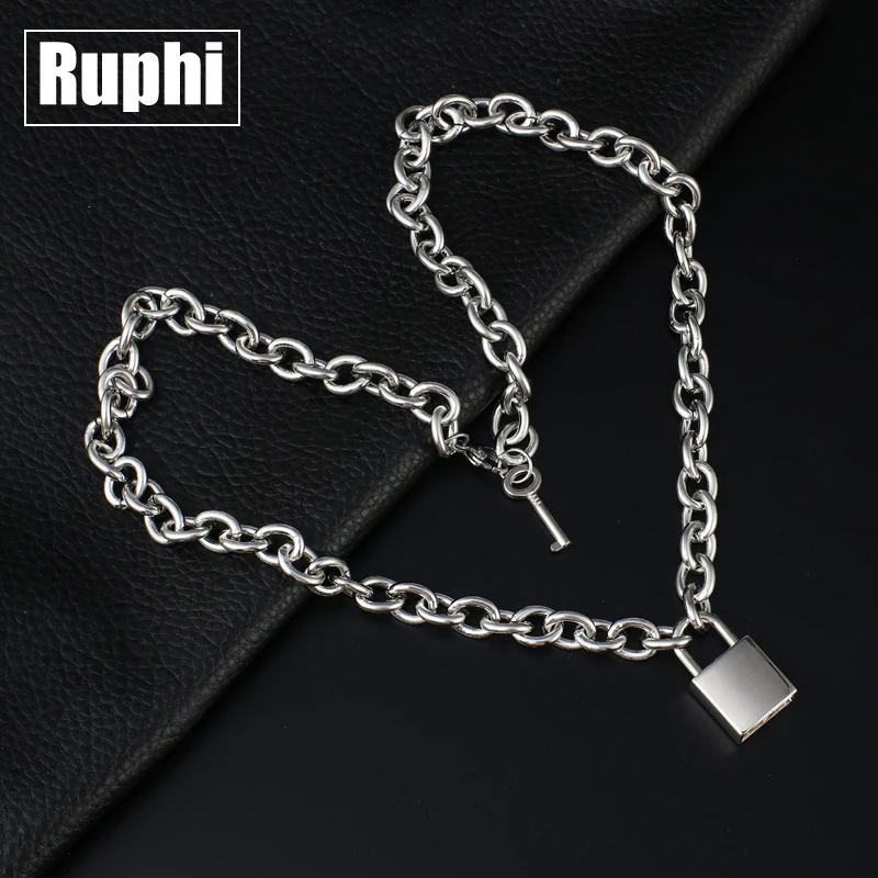 

Fashion Stainless Steel Unisex Lock Key Hip Hop Long Chain Men Necklace Genuine Square Padlock Heavy Duty Pendant Jewelry Gifts