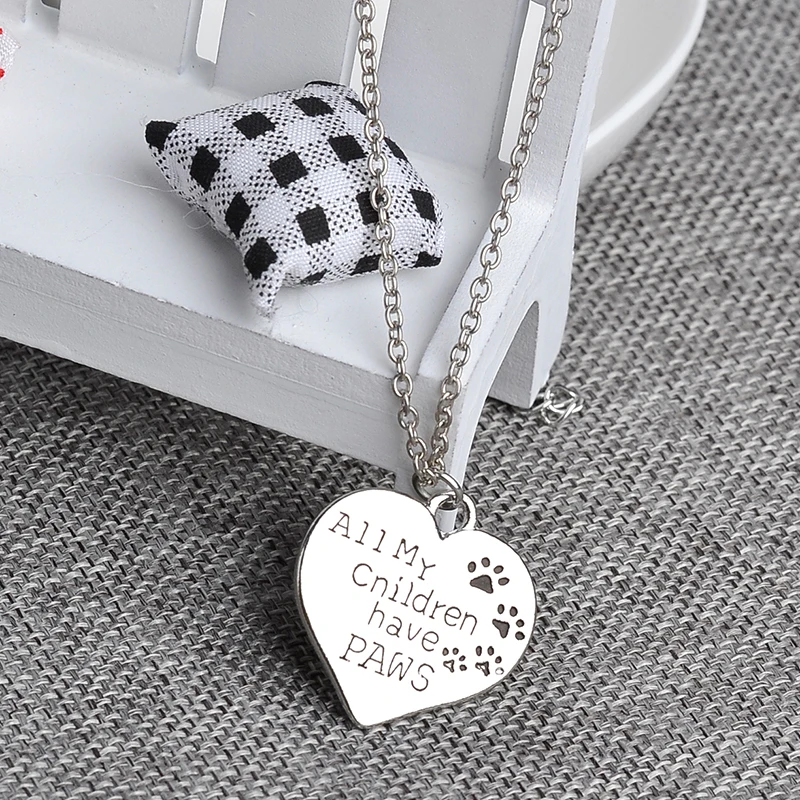 Pet Lover Necklace All My Children Have Paws Pet Lover Dog Paw Prints Tag Silver Love Heart Pendant Necklace Xmas Gifts