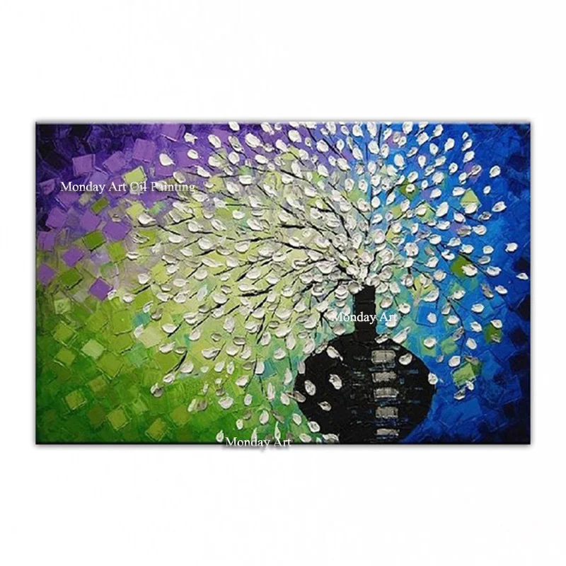 

100% Handpainted Canvas Pictures Wall Art Abstract Modern Acrylic White Flowers Palette Knife Oil Painting for Home Decoration