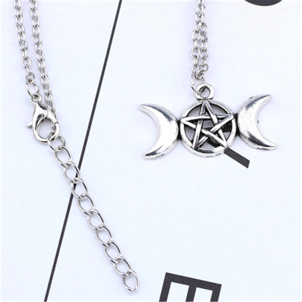 Vintage Trendy Jewelry Triple Moon Goddess Wicca Pentagram Magic Amulet Talisman Men Pendant Moon Necklace Women Tibetan Collier