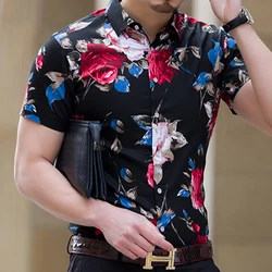 M-7XL New Summer Fashion Mens Shirt Slim Fit Short Sleeve Floral Shirt Mens Clothing Cotton Plus Size Mens Casual Flower Shirts